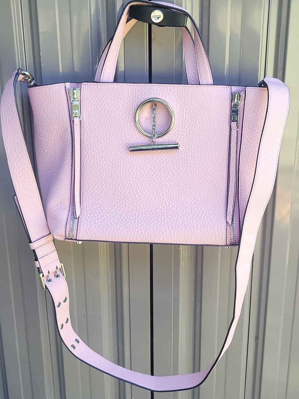 Henri Bendel Chelsea Pink Pebbled Leather Satchel Crossbody Tote Bag Silver...